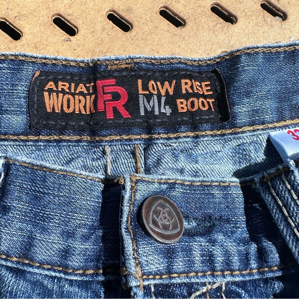Ariat Work FR Low Rise M4 Blue Denim Back Pocket Jeans with Logo Tab 32x32 - Picture 9 of 11